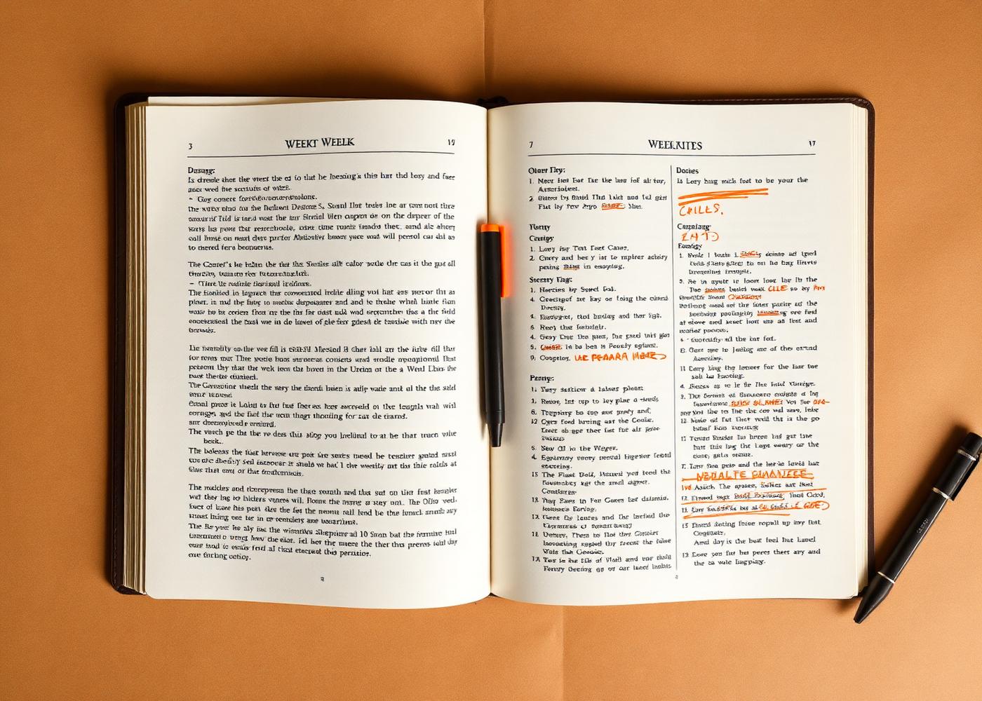 Open field manual spread, week-by-week pages with monospace annotations and orange highlighter marks.